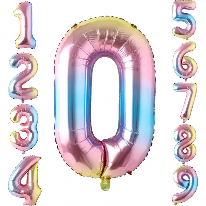 Balon din Folie Metalizata Flippy, Figurina Cifra, Tema Aniversare 40 cm, Ambalaj Individual, Pai inclus, Umflare cu Aer sau Heliu, Multicolor, Cifra 0 [5]