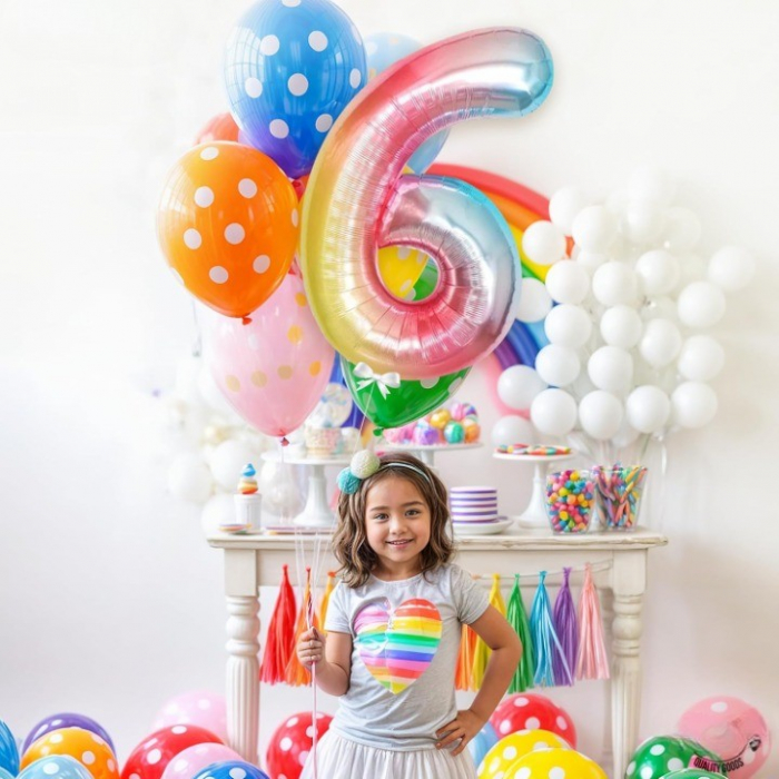 Balon din Folie Metalizata Flippy, Figurina Cifra, Tema Aniversare 40 cm, Ambalaj Individual, Pai inclus, Umflare cu Aer sau Heliu, Multicolor, Cifra 6 [3]