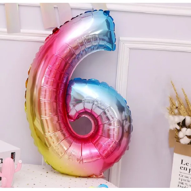 Balon din Folie Metalizata Flippy, Figurina Cifra, Tema Aniversare 40 cm, Ambalaj Individual, Pai inclus, Umflare cu Aer sau Heliu, Multicolor, Cifra 6 [8]