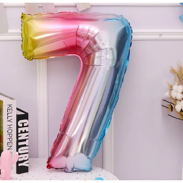 Balon din Folie Metalizata Flippy, Figurina Cifra, Tema Aniversare 40 cm, Ambalaj Individual, Pai inclus, Umflare cu Aer sau Heliu, Multicolor, Cifra 7 [2]