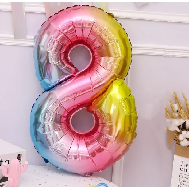 Balon din Folie Metalizata Flippy, Figurina Cifra, Tema Aniversare 40 cm, Ambalaj Individual, Pai inclus, Umflare cu Aer sau Heliu, Multicolor, Cifra 8 [6]