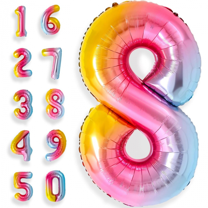 Balon din Folie Metalizata Flippy, Figurina Cifra, Tema Aniversare 40 cm, Ambalaj Individual, Pai inclus, Umflare cu Aer sau Heliu, Multicolor, Cifra 8 [4]
