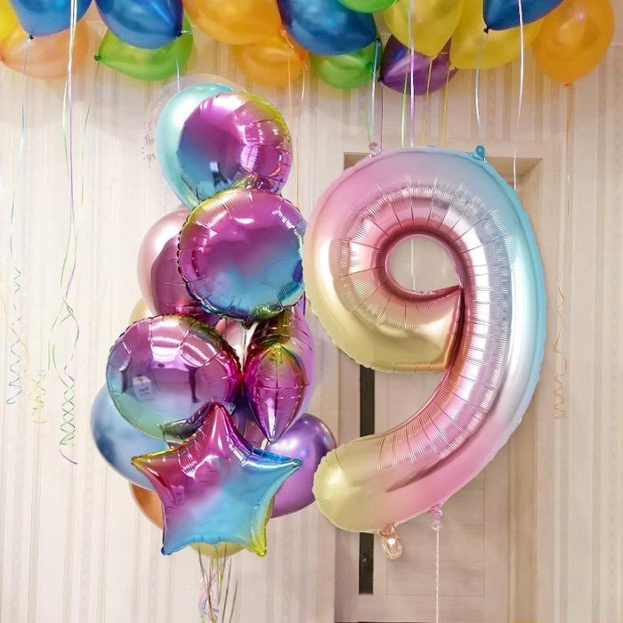 Balon din Folie Metalizata Flippy, Figurina Cifra, Tema Aniversare 40 cm, Ambalaj Individual, Pai inclus, Umflare cu Aer sau Heliu, Multicolor, Cifra 9 [5]