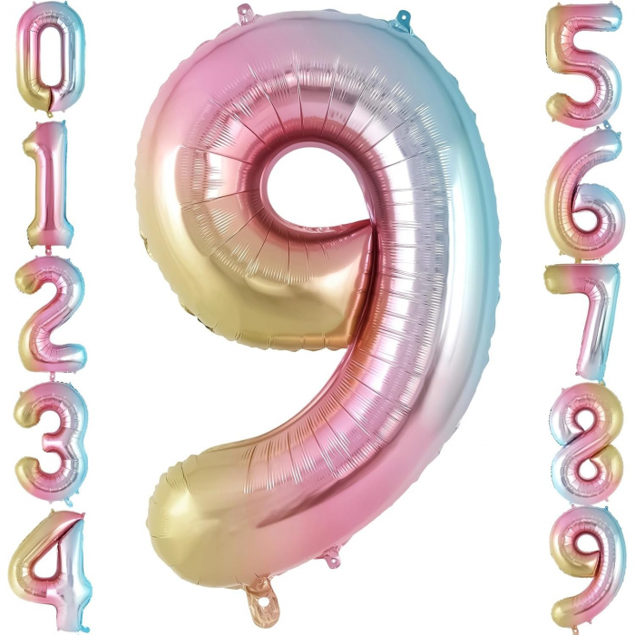 Balon din Folie Metalizata Flippy, Figurina Cifra, Tema Aniversare 40 cm, Ambalaj Individual, Pai inclus, Umflare cu Aer sau Heliu, Multicolor, Cifra 9 [6]