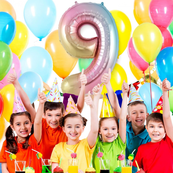 Balon din Folie Metalizata Flippy, Figurina Cifra, Tema Aniversare 40 cm, Ambalaj Individual, Pai inclus, Umflare cu Aer sau Heliu, Multicolor, Cifra 9 [4]