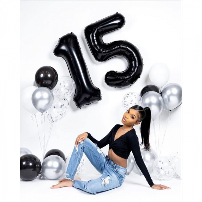 Balon din Folie Metalizata Flippy, Figurina Cifra, Tema Aniversare 40 cm, Ambalaj Individual, Pai inclus, Umflare cu Aer sau Heliu, Negru, Cifra 1 [3]