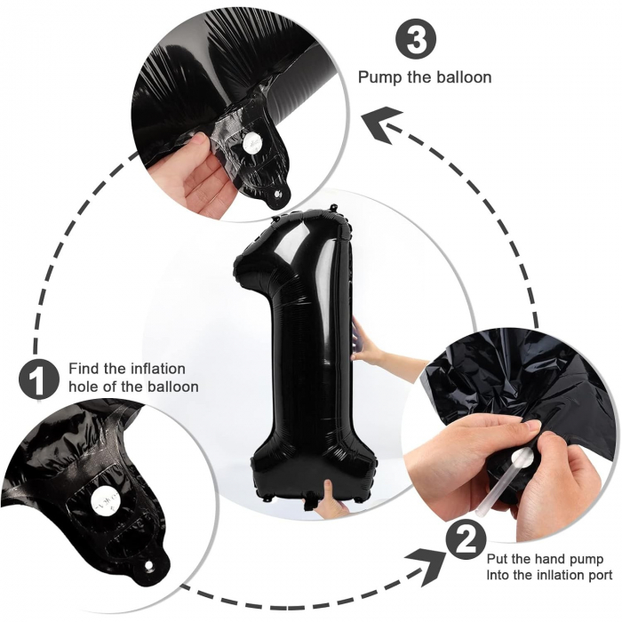 Balon din Folie Metalizata Flippy, Figurina Cifra, Tema Aniversare 40 cm, Ambalaj Individual, Pai inclus, Umflare cu Aer sau Heliu, Negru, Cifra 1 [2]