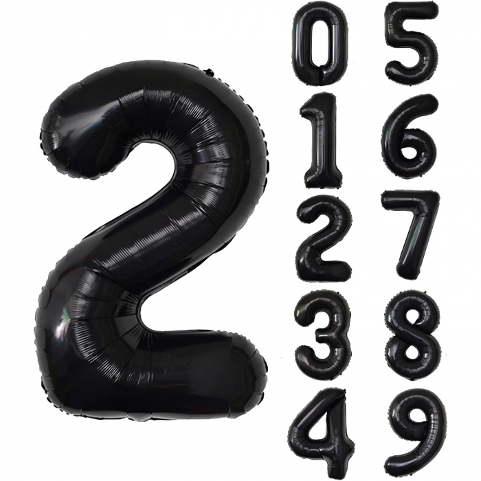 Balon din Folie Metalizata, Flippy, Figurina Cifra, Tema Aniversare 40 cm, Ambalaj Individual, Pai inclus, Umflare cu Aer sau Heliu, Negru, Cifra 2 [3]