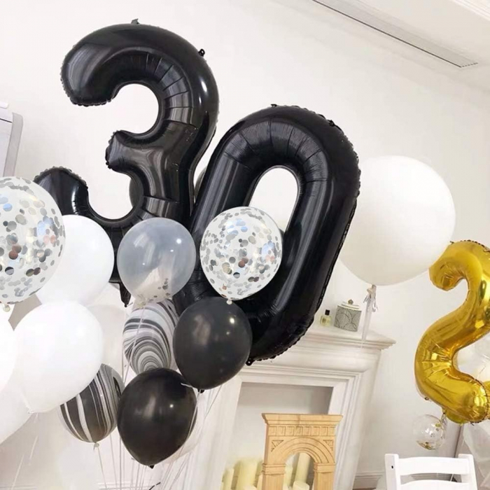 Balon din Folie Metalizata Flippy, Figurina Cifra, Tema Aniversare 40 cm, Ambalaj Individual, Pai inclus, Umflare cu Aer sau Heliu, Negru, Cifra 3 [6]