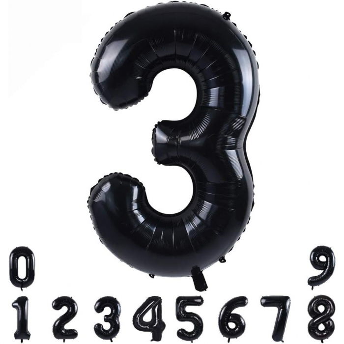 Balon din Folie Metalizata Flippy, Figurina Cifra, Tema Aniversare 40 cm, Ambalaj Individual, Pai inclus, Umflare cu Aer sau Heliu, Negru, Cifra 3 [7]