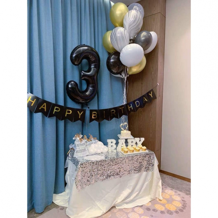 Balon din Folie Metalizata Flippy, Figurina Cifra, Tema Aniversare 40 cm, Ambalaj Individual, Pai inclus, Umflare cu Aer sau Heliu, Negru, Cifra 3 [2]