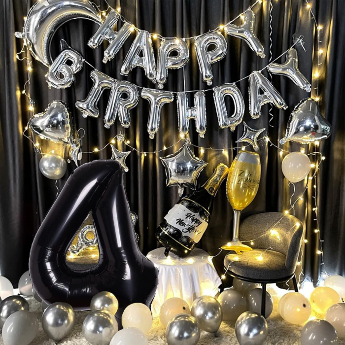 Balon din Folie Metalizata Flippy, Figurina Cifra, Tema Aniversare 40 cm, Ambalaj Individual, Pai inclus, Umflare cu Aer sau Heliu, Negru, Cifra 4 [6]