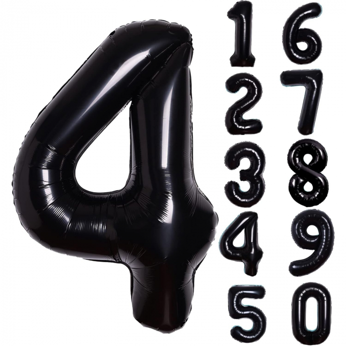 Balon din Folie Metalizata Flippy, Figurina Cifra, Tema Aniversare 40 cm, Ambalaj Individual, Pai inclus, Umflare cu Aer sau Heliu, Negru, Cifra 4 [7]