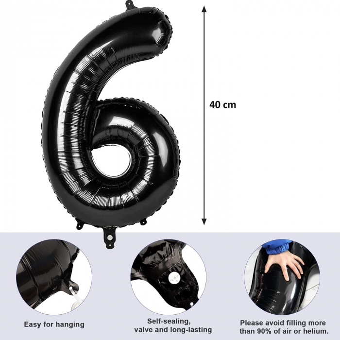 Balon din Folie Metalizata Flippy, Figurina Cifra, Tema Aniversare 40 cm, Ambalaj Individual, Pai inclus, Umflare cu Aer sau Heliu, Negru, Cifra 6 [2]