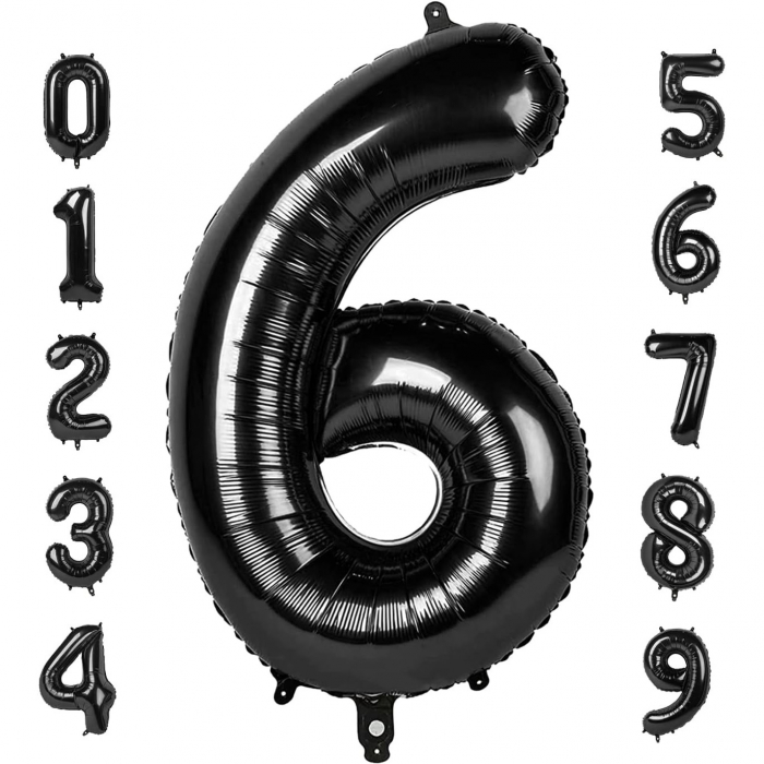 Balon din Folie Metalizata Flippy, Figurina Cifra, Tema Aniversare 40 cm, Ambalaj Individual, Pai inclus, Umflare cu Aer sau Heliu, Negru, Cifra 6 [5]