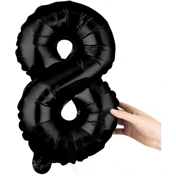 Balon din Folie Metalizata Flippy, Figurina Cifra, Tema Aniversare 40 cm, Ambalaj Individual, Pai inclus, Umflare cu Aer sau Heliu, Negru, Cifra 8 [6]