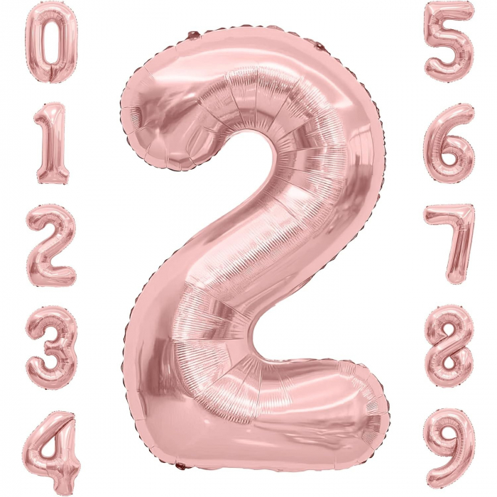 Balon din Folie Metalizata Flippy, Figurina Cifra, Tema Aniversare 40 cm, Ambalaj Individual, Pai inclus, Umflare cu Aer sau Heliu, Rose Gold, Cifra 2 [5]