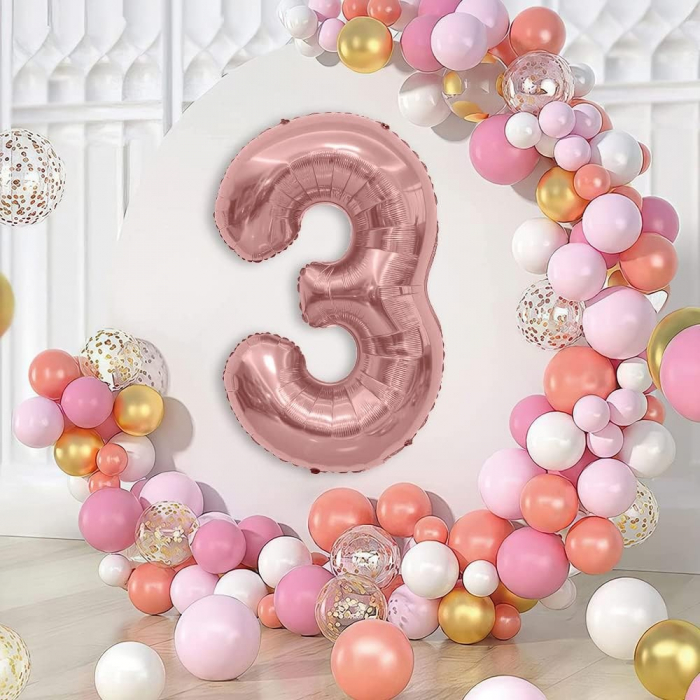 Balon din Folie Metalizata Flippy, Figurina Cifra, Tema Aniversare 40 cm, Ambalaj Individual, Pai inclus, Umflare cu Aer sau Heliu, Rose Gold, Cifra 3 [3]