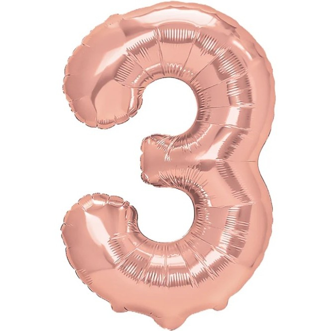 Balon din Folie Metalizata Flippy, Figurina Cifra, Tema Aniversare 40 cm, Ambalaj Individual, Pai inclus, Umflare cu Aer sau Heliu, Rose Gold, Cifra 3 [1]