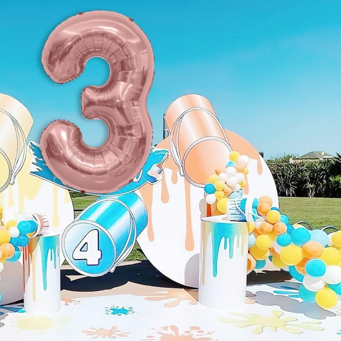 Balon din Folie Metalizata Flippy, Figurina Cifra, Tema Aniversare 40 cm, Ambalaj Individual, Pai inclus, Umflare cu Aer sau Heliu, Rose Gold, Cifra 3 [2]