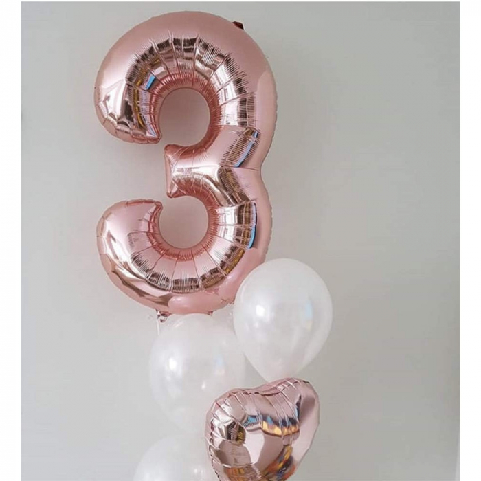 Balon din Folie Metalizata Flippy, Figurina Cifra, Tema Aniversare 40 cm, Ambalaj Individual, Pai inclus, Umflare cu Aer sau Heliu, Rose Gold, Cifra 3 [5]