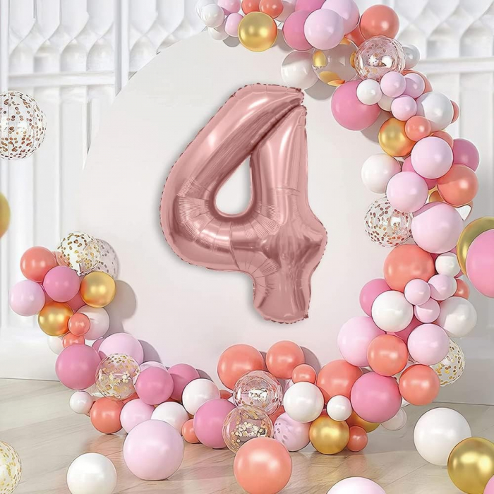 Balon din Folie Metalizata Flippy, Figurina Cifra, Tema Aniversare 40 cm, Ambalaj Individual, Pai inclus, Umflare cu Aer sau Heliu, Rose Gold, Cifra 4 [2]