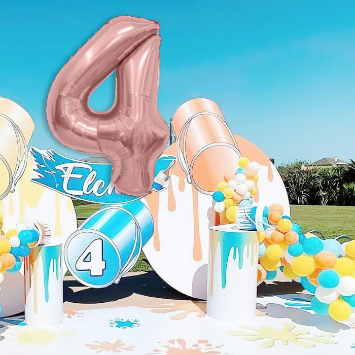 Balon din Folie Metalizata Flippy, Figurina Cifra, Tema Aniversare 40 cm, Ambalaj Individual, Pai inclus, Umflare cu Aer sau Heliu, Rose Gold, Cifra 4 [5]