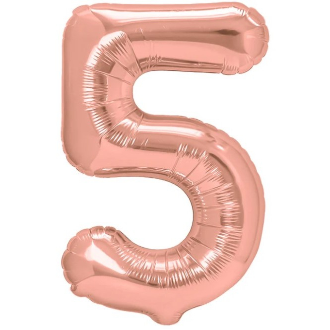 Balon din Folie Metalizata Flippy, Figurina Cifra, Tema Aniversare 40 cm, Ambalaj Individual, Pai inclus, Umflare cu Aer sau Heliu, Rose Gold, Cifra 5 [1]