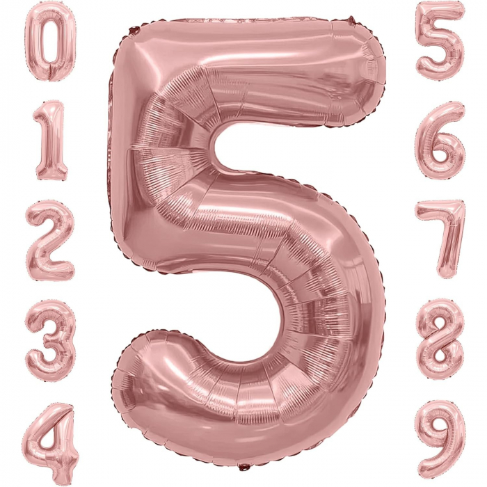Balon din Folie Metalizata Flippy, Figurina Cifra, Tema Aniversare 40 cm, Ambalaj Individual, Pai inclus, Umflare cu Aer sau Heliu, Rose Gold, Cifra 5 [4]