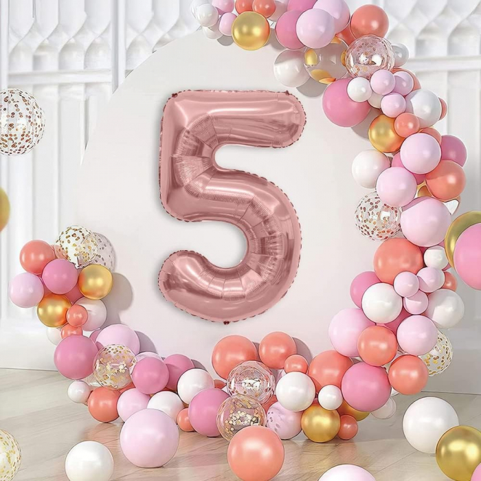 Balon din Folie Metalizata Flippy, Figurina Cifra, Tema Aniversare 40 cm, Ambalaj Individual, Pai inclus, Umflare cu Aer sau Heliu, Rose Gold, Cifra 5 [2]