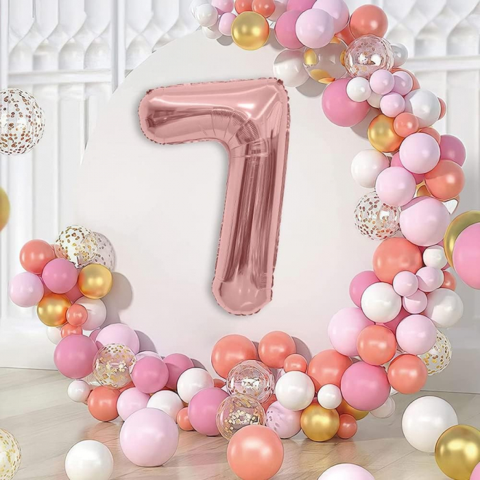 Balon din Folie Metalizata Flippy, Figurina Cifra, Tema Aniversare 40 cm, Ambalaj Individual, Pai inclus, Umflare cu Aer sau Heliu, Rose Gold, Cifra 7 [2]