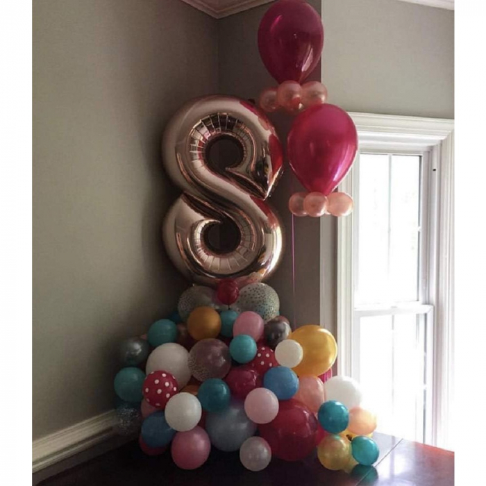 Balon din Folie Metalizata Flippy, Figurina Cifra, Tema Aniversare 40 cm, Ambalaj Individual, Pai inclus, Umflare cu Aer sau Heliu, Rose Gold, Cifra 8 [2]