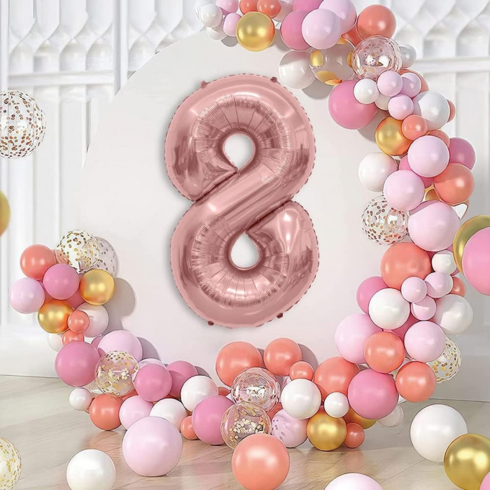 Balon din Folie Metalizata Flippy, Figurina Cifra, Tema Aniversare 40 cm, Ambalaj Individual, Pai inclus, Umflare cu Aer sau Heliu, Rose Gold, Cifra 8 [3]