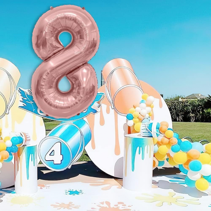 Balon din Folie Metalizata Flippy, Figurina Cifra, Tema Aniversare 40 cm, Ambalaj Individual, Pai inclus, Umflare cu Aer sau Heliu, Rose Gold, Cifra 8 [4]