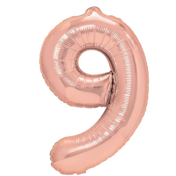 Balon din Folie Metalizata Flippy, Figurina Cifra, Tema Aniversare 40 cm, Ambalaj Individual, Pai inclus, Umflare cu Aer sau Heliu, Rose Gold, Cifra 9 [1]