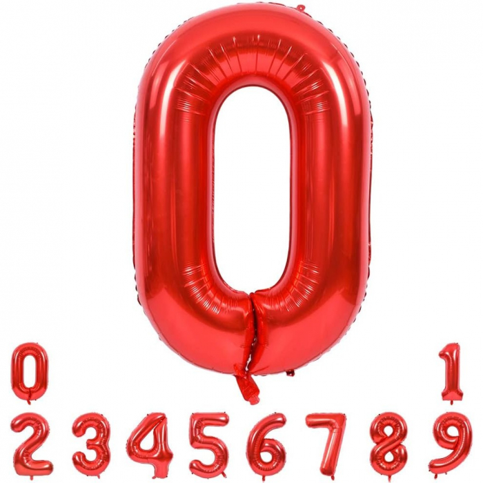 Balon din Folie Metalizata Flippy, Figurina Cifra, Tema Aniversare 40 cm, Ambalaj Individual, Pai inclus, Umflare cu Aer sau Heliu, Rosu, Cifra 0 [11]