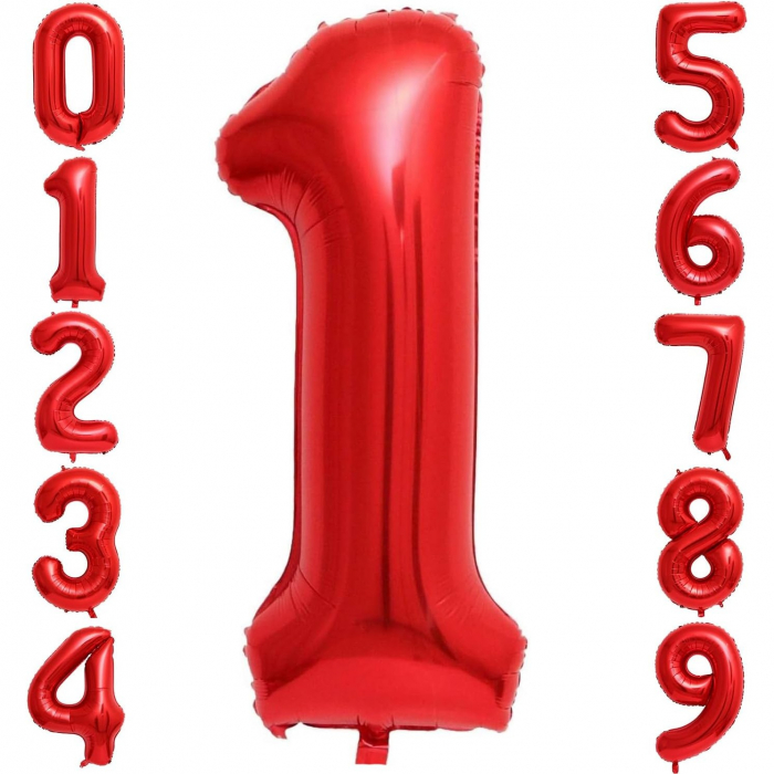 Balon din Folie Metalizata Flippy, Figurina Cifra, Tema Aniversare 40 cm, Ambalaj Individual, Pai inclus, Umflare cu Aer sau Heliu, Rosu, Cifra 1 [4]