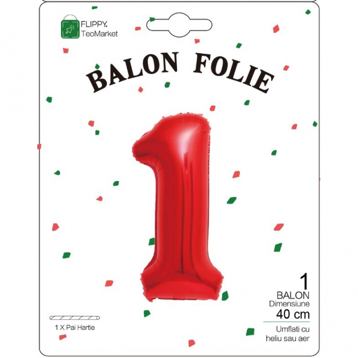 Balon din Folie Metalizata Flippy, Figurina Cifra, Tema Aniversare 40 cm, Ambalaj Individual, Pai inclus, Umflare cu Aer sau Heliu, Rosu, Cifra 1 [2]