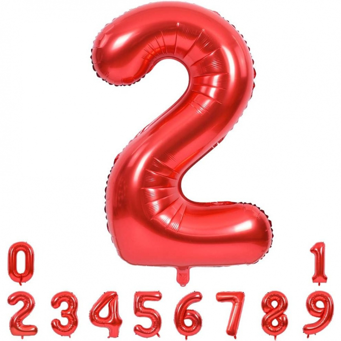Balon din Folie Metalizata Flippy, Figurina Cifra, Tema Aniversare 40 cm, Ambalaj Individual, Pai inclus, Umflare cu Aer sau Heliu, Rosu, Cifra 2 [11]