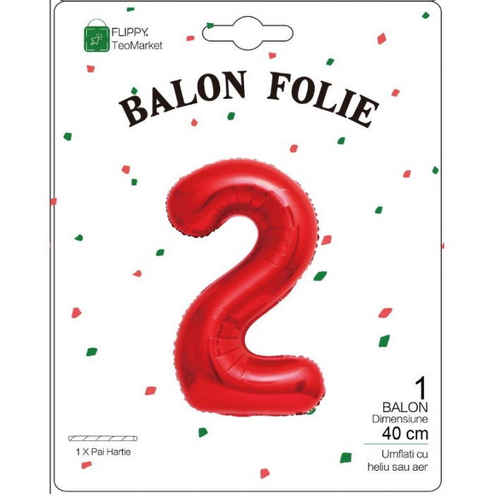 Balon din Folie Metalizata Flippy, Figurina Cifra, Tema Aniversare 40 cm, Ambalaj Individual, Pai inclus, Umflare cu Aer sau Heliu, Rosu, Cifra 2 [2]
