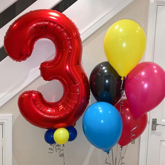 Balon din Folie Metalizata Flippy, Figurina Cifra, Tema Aniversare 40 cm, Ambalaj Individual, Pai inclus, Umflare cu Aer sau Heliu, Rosu, Cifra 3 [5]