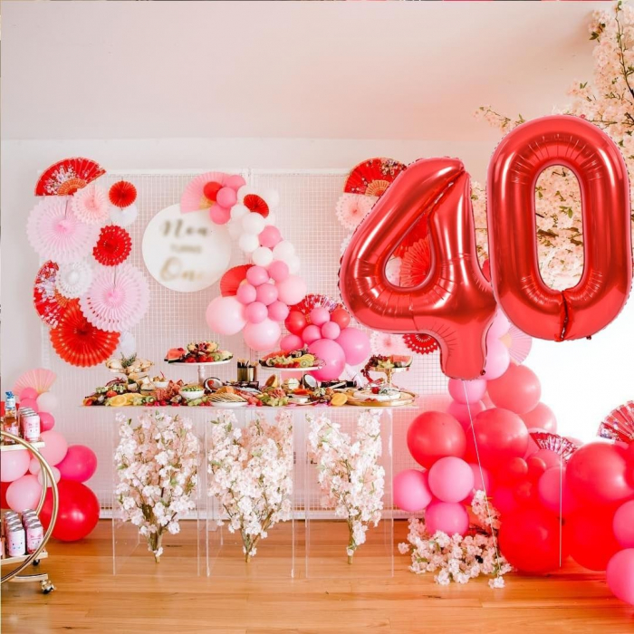 Balon din Folie Metalizata Flippy, Figurina Cifra, Tema Aniversare 40 cm, Ambalaj Individual, Pai inclus, Umflare cu Aer sau Heliu, Rosu, Cifra 4 [8]