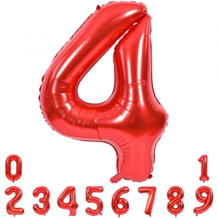 Balon din Folie Metalizata Flippy, Figurina Cifra, Tema Aniversare 40 cm, Ambalaj Individual, Pai inclus, Umflare cu Aer sau Heliu, Rosu, Cifra 4 [10]