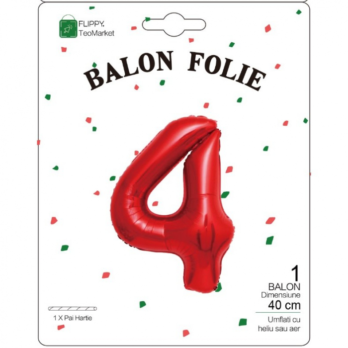 Balon din Folie Metalizata Flippy, Figurina Cifra, Tema Aniversare 40 cm, Ambalaj Individual, Pai inclus, Umflare cu Aer sau Heliu, Rosu, Cifra 4 [2]