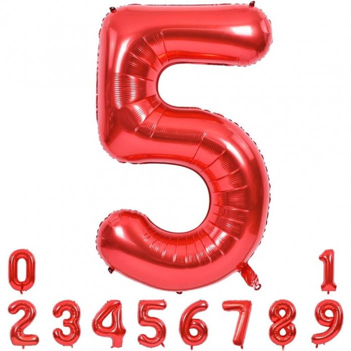 Balon din Folie Metalizata Flippy, Figurina Cifra, Tema Aniversare 40 cm, Ambalaj Individual, Pai inclus, Umflare cu Aer sau Heliu, Rosu, Cifra 5 [8]