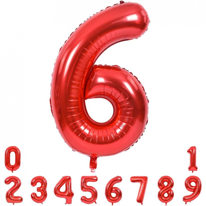 Balon din Folie Metalizata Flippy, Figurina Cifra, Tema Aniversare 40 cm, Ambalaj Individual, Pai inclus, Umflare cu Aer sau Heliu, Rosu, Cifra 6 [8]