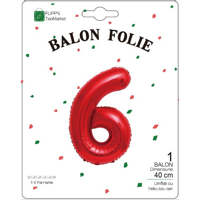 Balon din Folie Metalizata Flippy, Figurina Cifra, Tema Aniversare 40 cm, Ambalaj Individual, Pai inclus, Umflare cu Aer sau Heliu, Rosu, Cifra 6 [2]