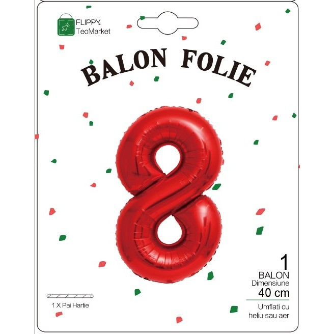 Balon din Folie Metalizata Flippy, Figurina Cifra, Tema Aniversare 40 cm, Ambalaj Individual, Pai inclus, Umflare cu Aer sau Heliu, Rosu, Cifra 8 [2]