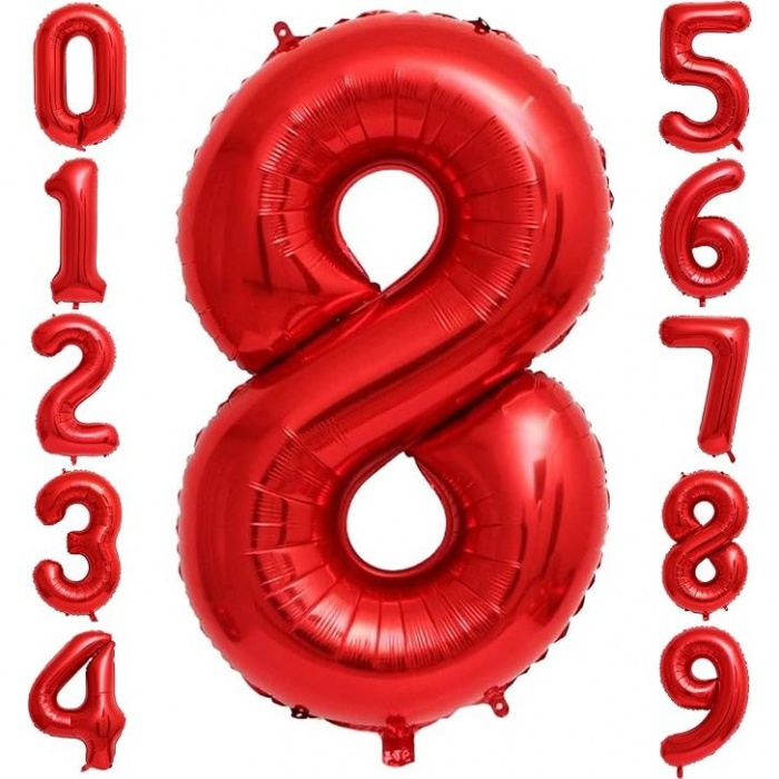 Balon din Folie Metalizata Flippy, Figurina Cifra, Tema Aniversare 40 cm, Ambalaj Individual, Pai inclus, Umflare cu Aer sau Heliu, Rosu, Cifra 8 [4]