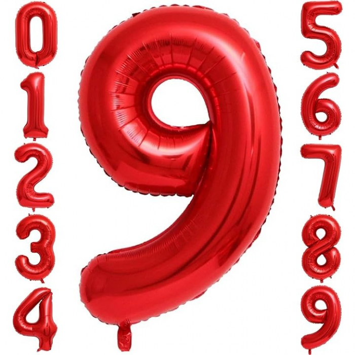 Balon din Folie Metalizata Flippy, Figurina Cifra, Tema Aniversare 40 cm, Ambalaj Individual, Pai inclus, Umflare cu Aer sau Heliu, Rosu, Cifra 9 [4]